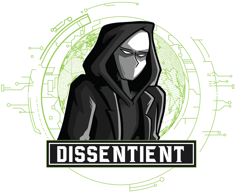 Dissentient Logo a masked and hooded person standing in front of cyber globe